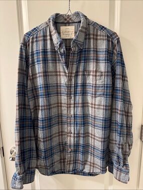 Woolrich Vintage Gray, Blue & Brown Plaid Flannel Button-Down Medium